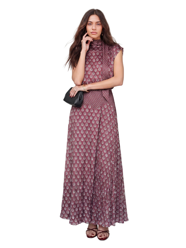 Elegantes zweiteiliges Satin-Set mit Retro-Print – Ärmelloses Neckholder-Oberteil mit Schal und fließender Maxirock
