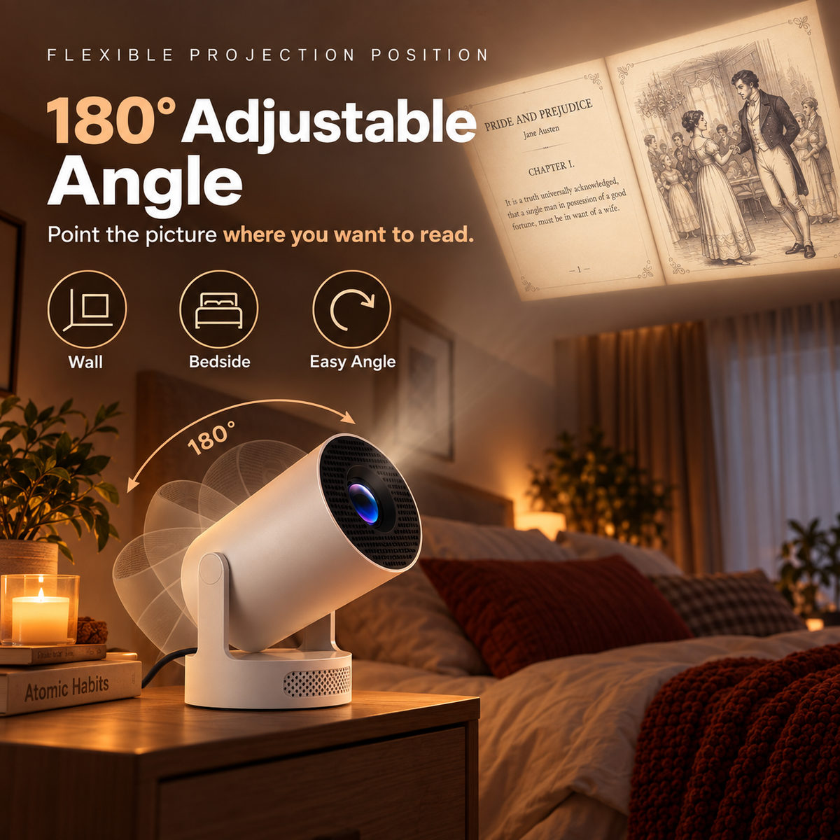 ❤️ 180° Adjustable Reading Projector – 4K Supported with HDMI & Speaker