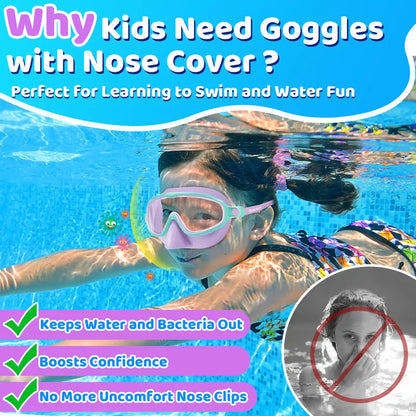 Kids Swim Goggles 2PCS – Anti-Fog UV Protection Swimming Goggles with Nose Cover