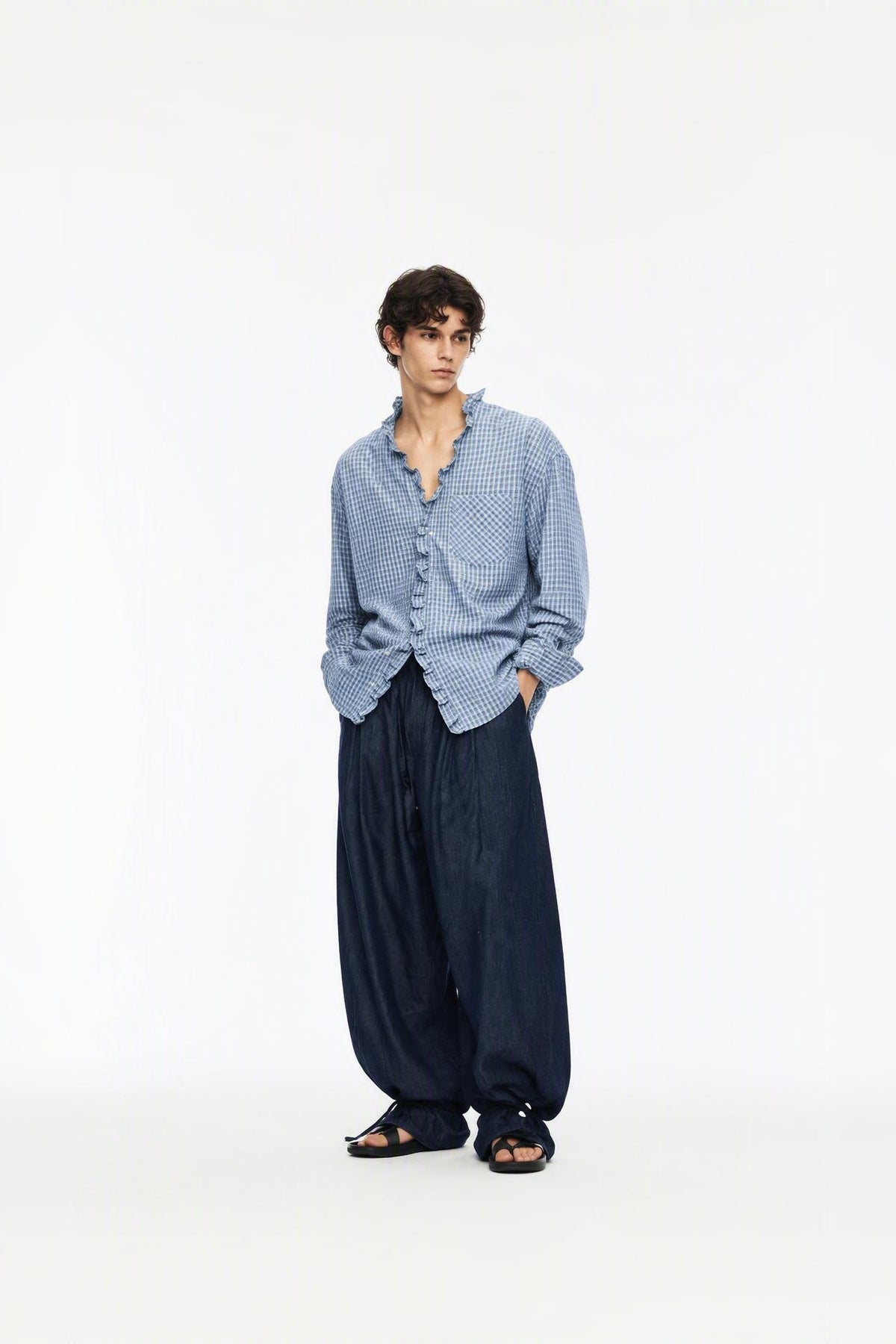 Unisex Yarn-Dyed Gingham Ruffle Shirt
