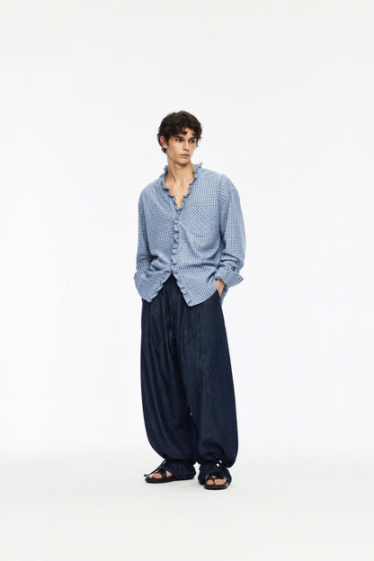 Unisex Yarn-Dyed Gingham Ruffle Shirt