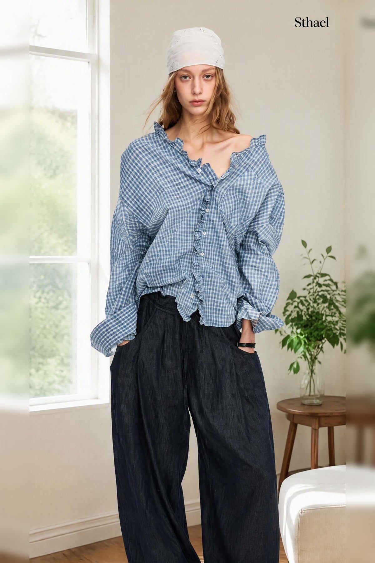 Unisex Yarn-Dyed Gingham Ruffle Shirt