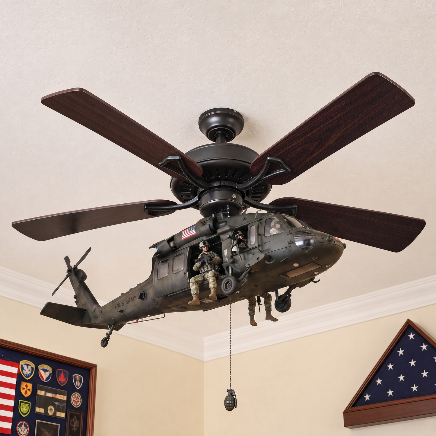 🚁 Military Helicopter Ceiling Fan Decor – Realistic Hanging Ornament for Man Cave & Home