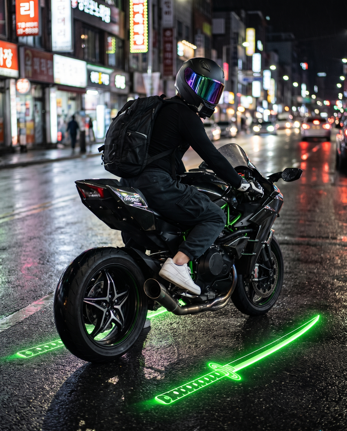 Rider on a sportbike with KataGlow katanas at night