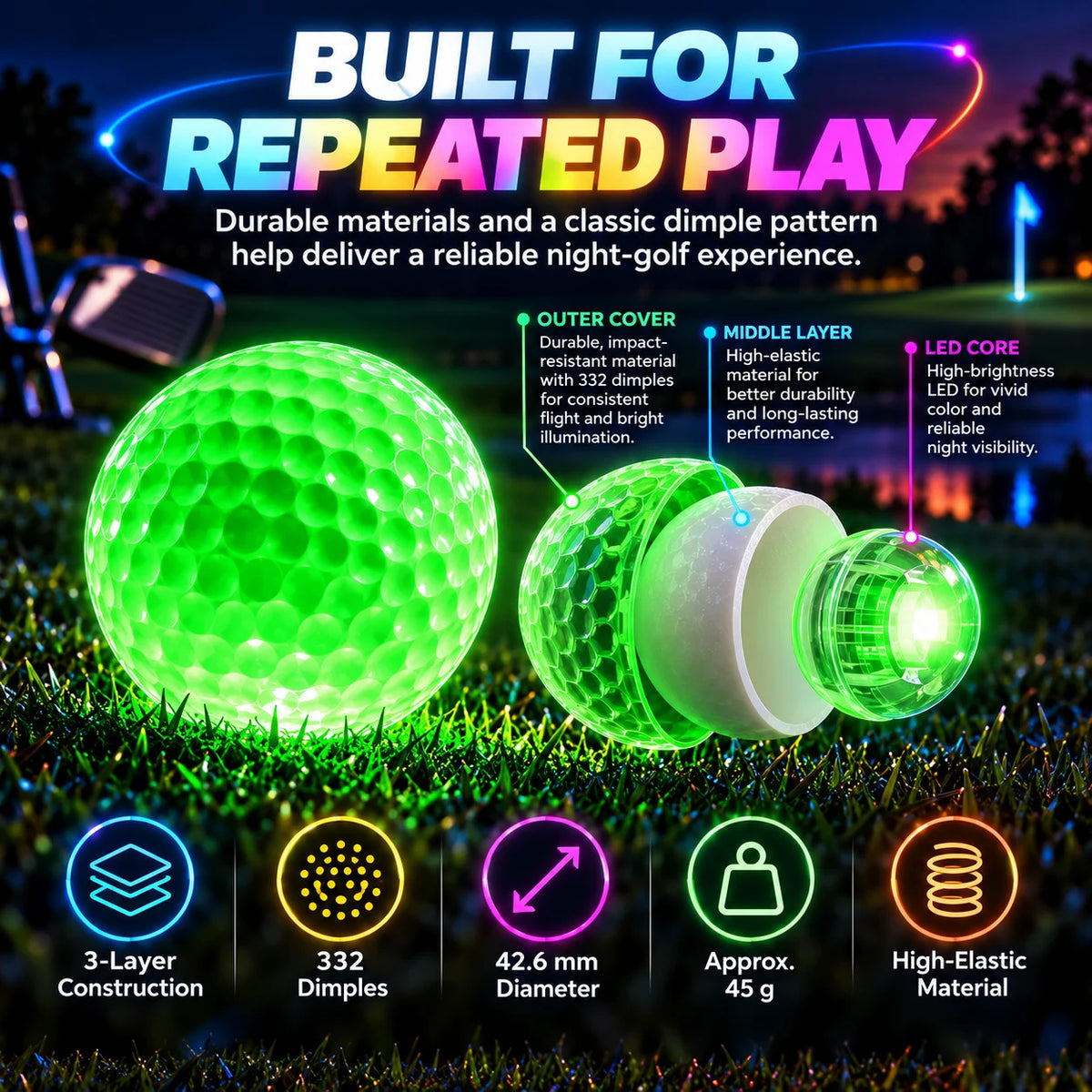 🎁Glow-in-the-Dark LED Golf Balls – Impact Activated