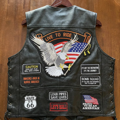 🦅 Genuine Leather Biker Vest – Eagle & American Patches