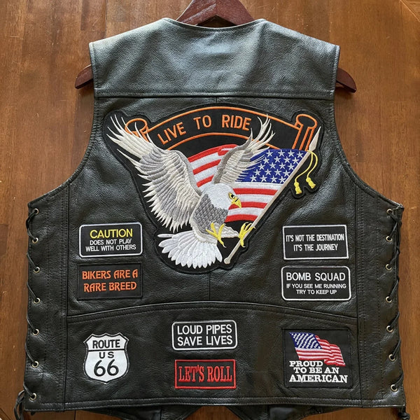 🦅 Genuine Leather Biker Vest – Eagle & American Patches