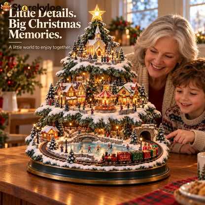 🎄 Lighted Christmas Village Tree with Train & Carousel
