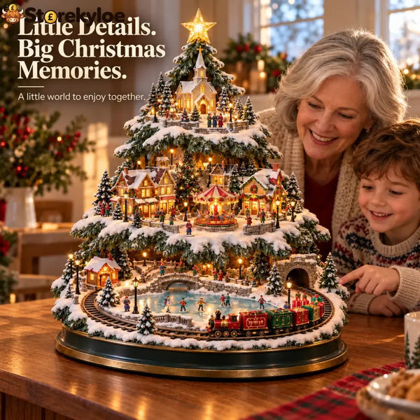 🎄 Lighted Christmas Village Tree with Train & Carousel