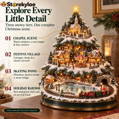 🎄 Lighted Christmas Village Tree with Train & Carousel