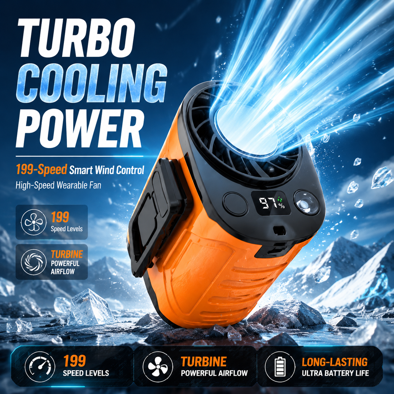 🔥 JIFENG Power Waist Fan | 199-Speed Turbo Cooling Wearable Fan – Ultra Strong Airflow, 21700 Battery, Dual Turbine Wind, LED Display, Camping & Outdoor Work Essential