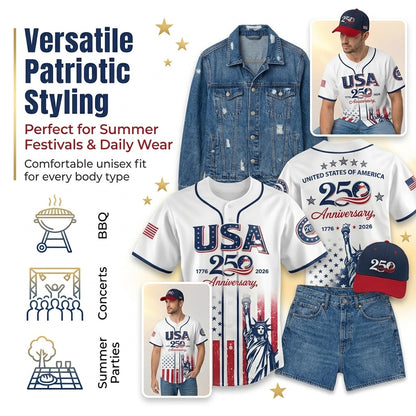 ⚾ USA 250th Baseball Jersey – Statue of Liberty & 1776–2026 Print, 4th of July Unisex