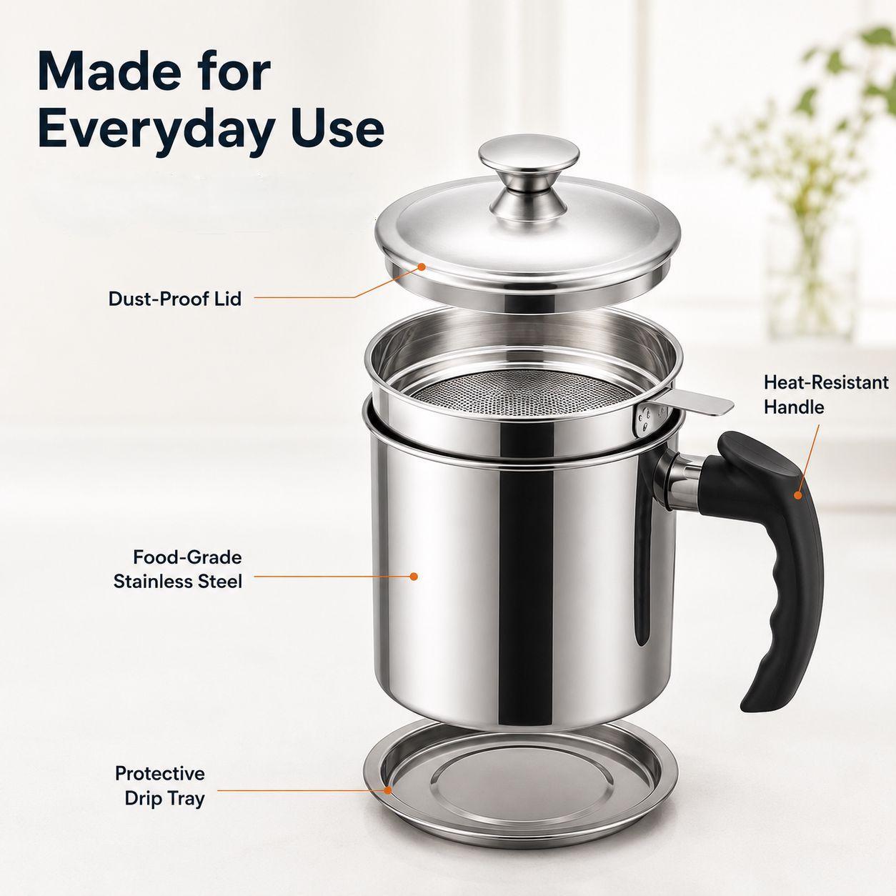 Modern Stainless Steel Oil Dispenser with Filter & Lid – 1.5L Kitchen Oil Storage Container