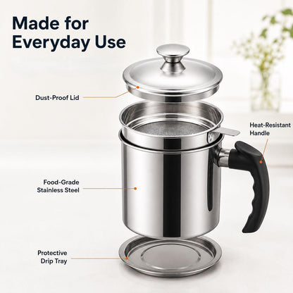 Modern Stainless Steel Oil Dispenser with Filter & Lid – 1.5L Kitchen Oil Storage Container
