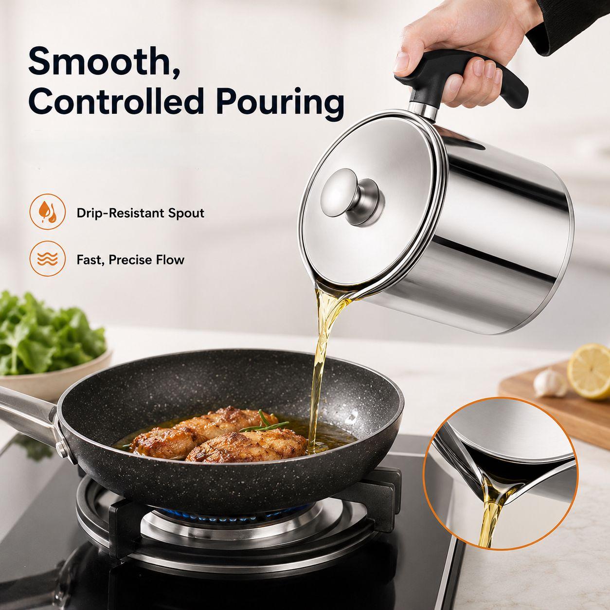 Modern Stainless Steel Oil Dispenser with Filter & Lid – 1.5L Kitchen Oil Storage Container