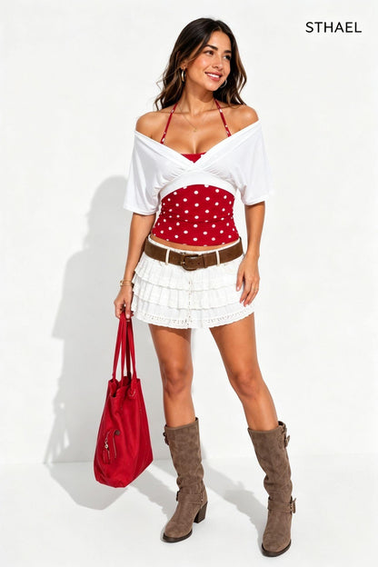 Women's Polka Dot Cami & Off-Shoulder Crop Top Set