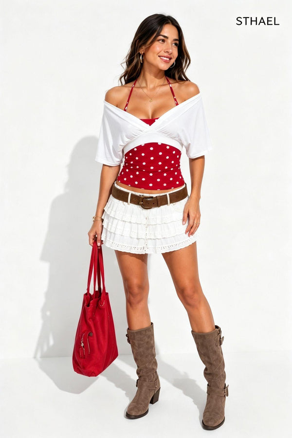 Women's Polka Dot Cami & Off-Shoulder Crop Top Set