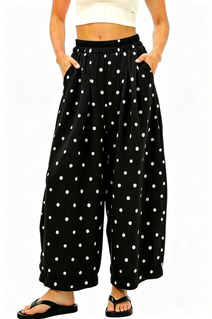 Women's Cotton-Linen Polka Dot Wide-Leg Pants