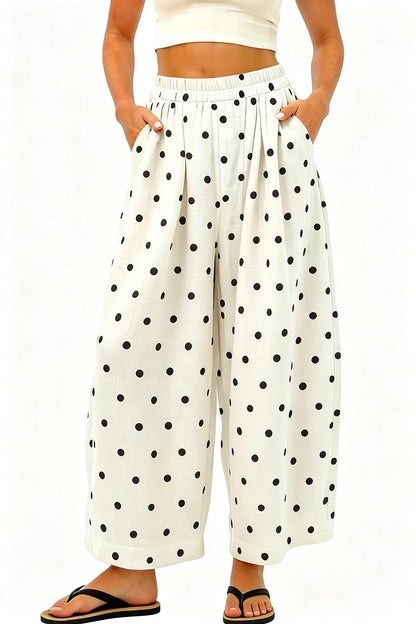 Women's Cotton-Linen Polka Dot Wide-Leg Pants