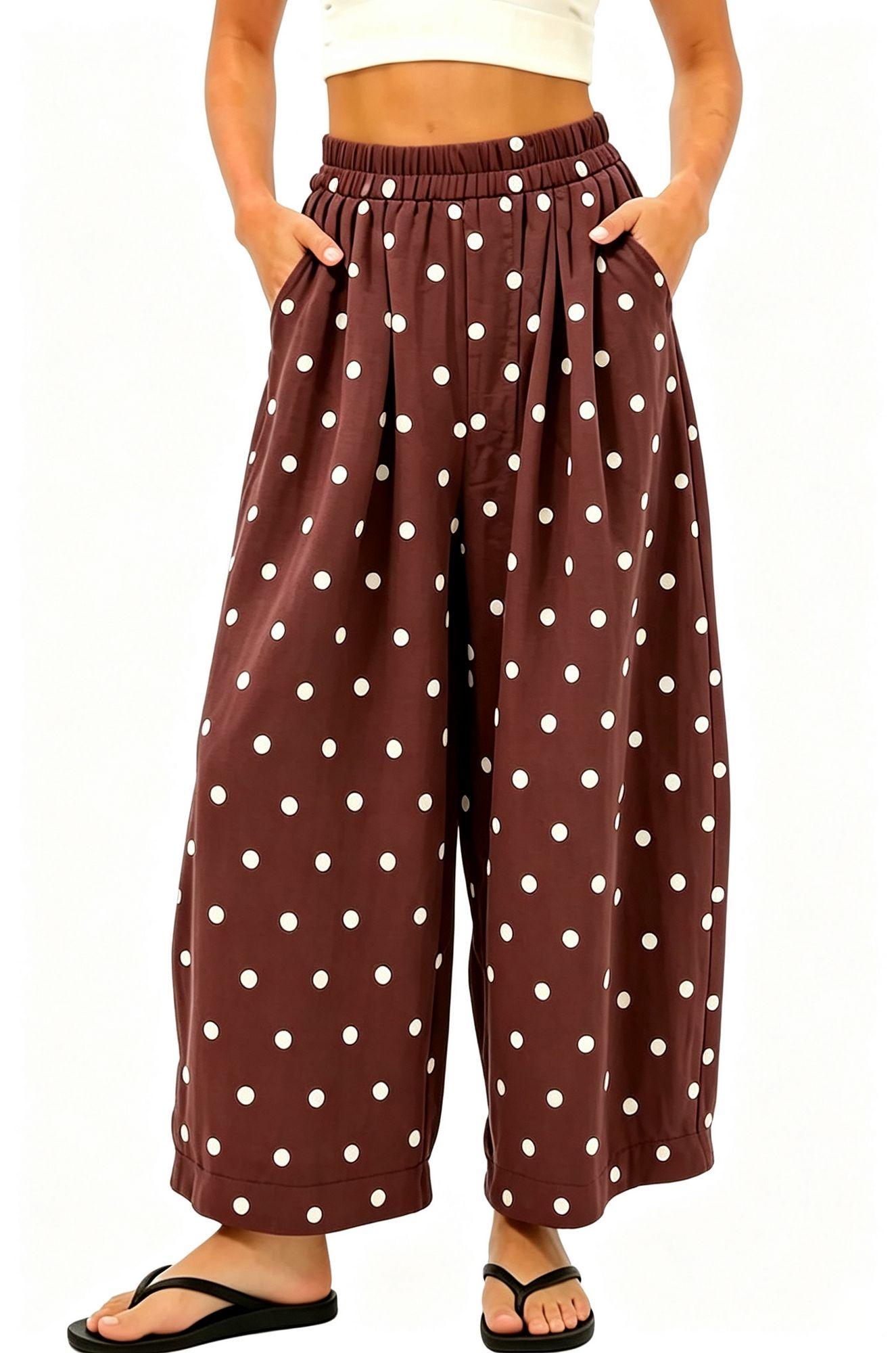 Women's Cotton-Linen Polka Dot Wide-Leg Pants