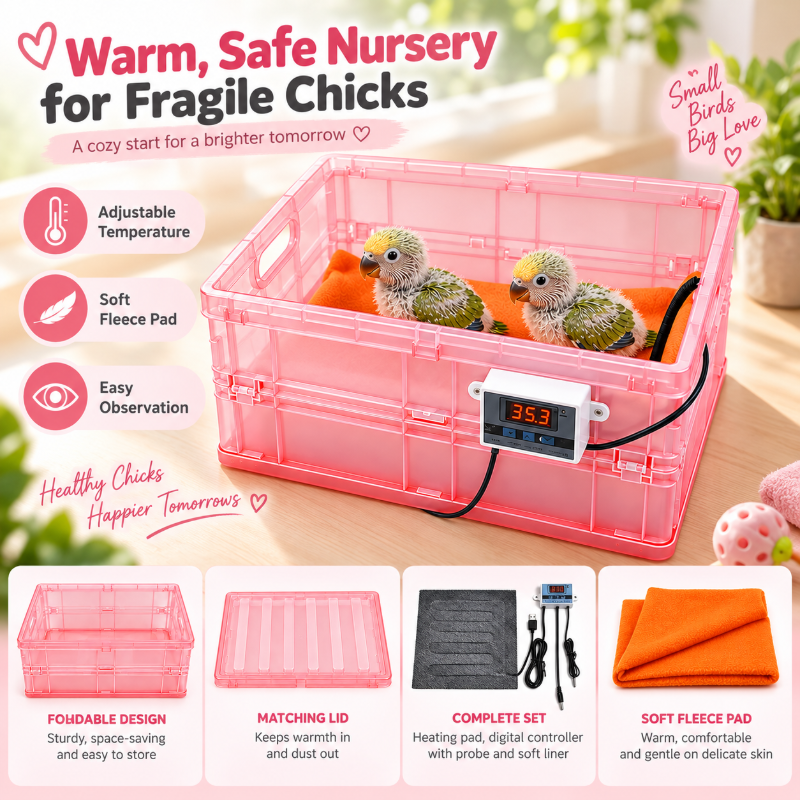 Foldable pink parrot brooder box with digital thermostat