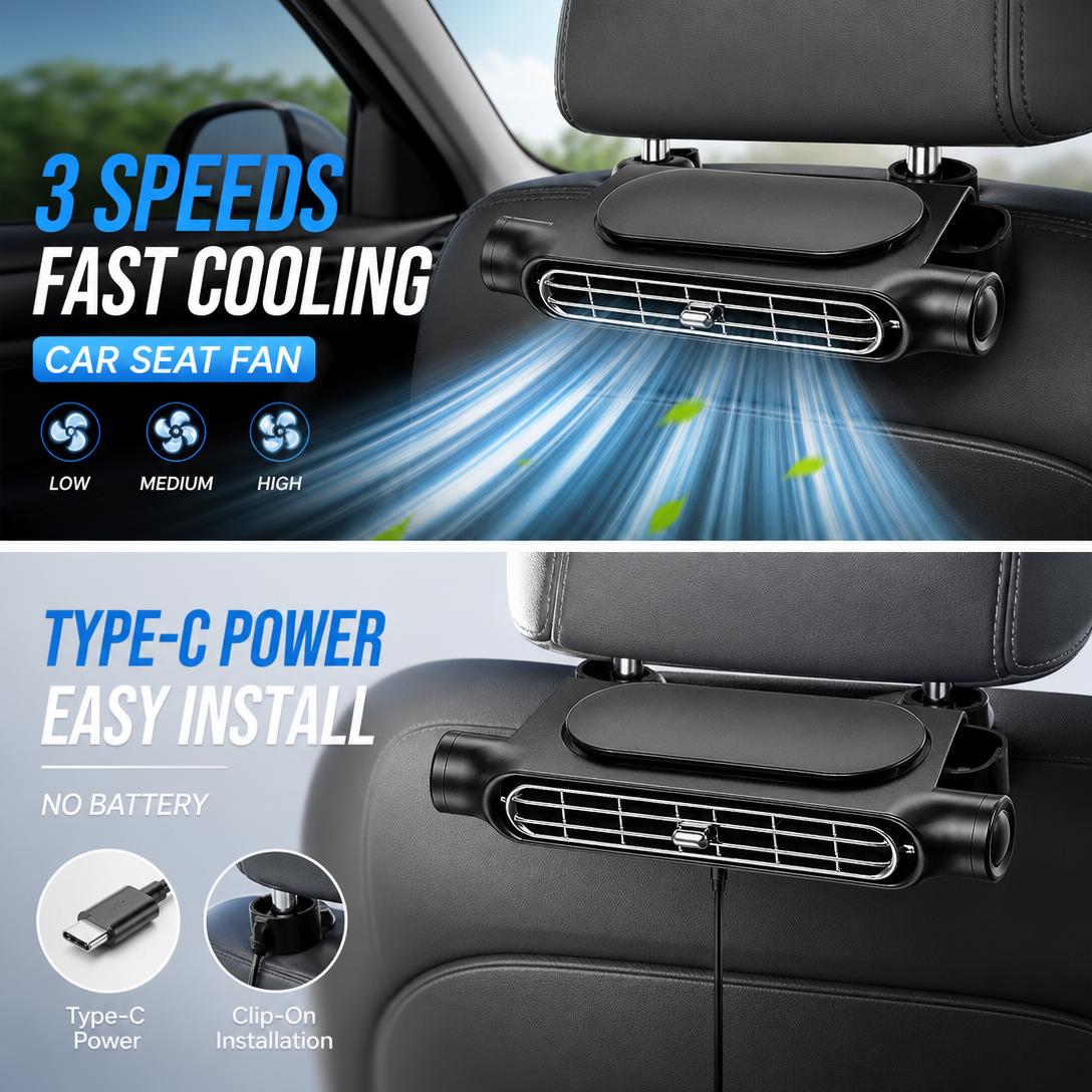 Car Seat Cooling Fan – USB Rechargeable Backseat Fan with Turbo Airflow & Easy Velcro Installation