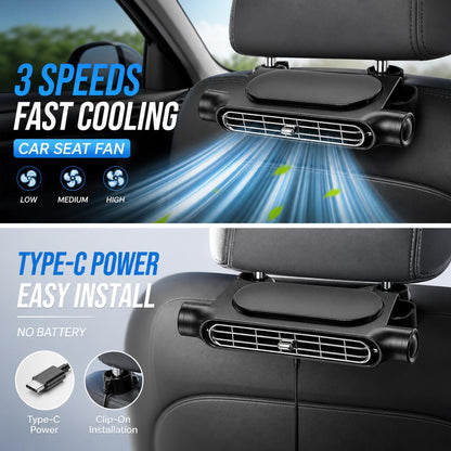 Car Seat Cooling Fan – USB Rechargeable Backseat Fan with Turbo Airflow & Easy Velcro Installation