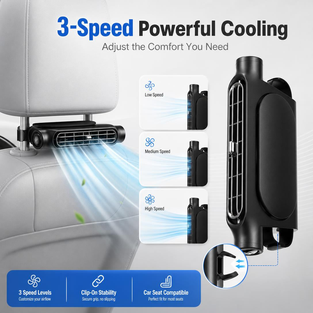 Car Seat Cooling Fan – USB Rechargeable Backseat Fan with Turbo Airflow & Easy Velcro Installation