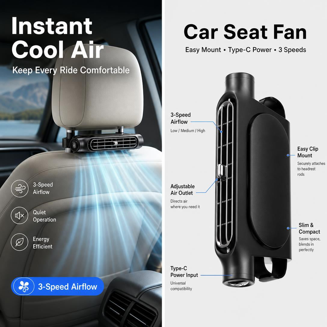 Car Seat Cooling Fan – USB Rechargeable Backseat Fan with Turbo Airflow & Easy Velcro Installation