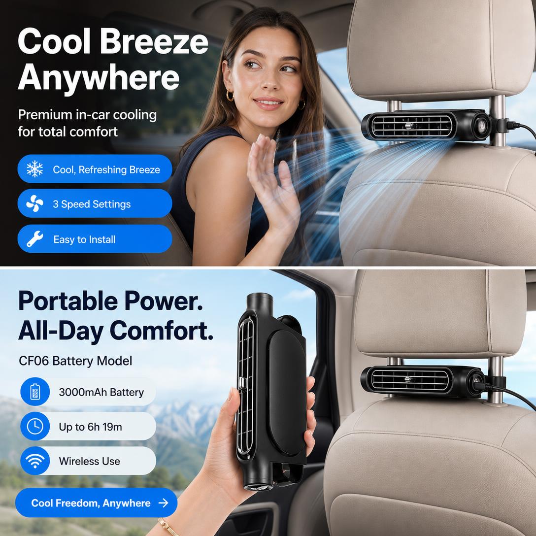 Car Seat Cooling Fan – USB Rechargeable Backseat Fan with Turbo Airflow & Easy Velcro Installation