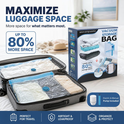 Cordless Travel Vacuum Storage Bags Set ✈️🧳Waterproof & Reusable Space Saver for Clothes & Packing, Perfect for Carry-On Suitcases