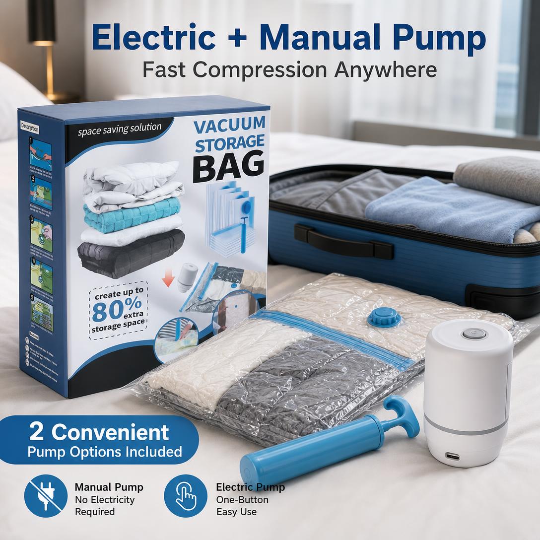 Cordless Travel Vacuum Storage Bags Set ✈️🧳Waterproof & Reusable Space Saver for Clothes & Packing, Perfect for Carry-On Suitcases