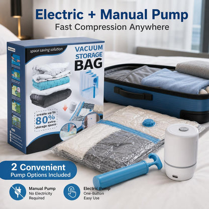Cordless Travel Vacuum Storage Bags Set ✈️🧳Waterproof & Reusable Space Saver for Clothes & Packing, Perfect for Carry-On Suitcases