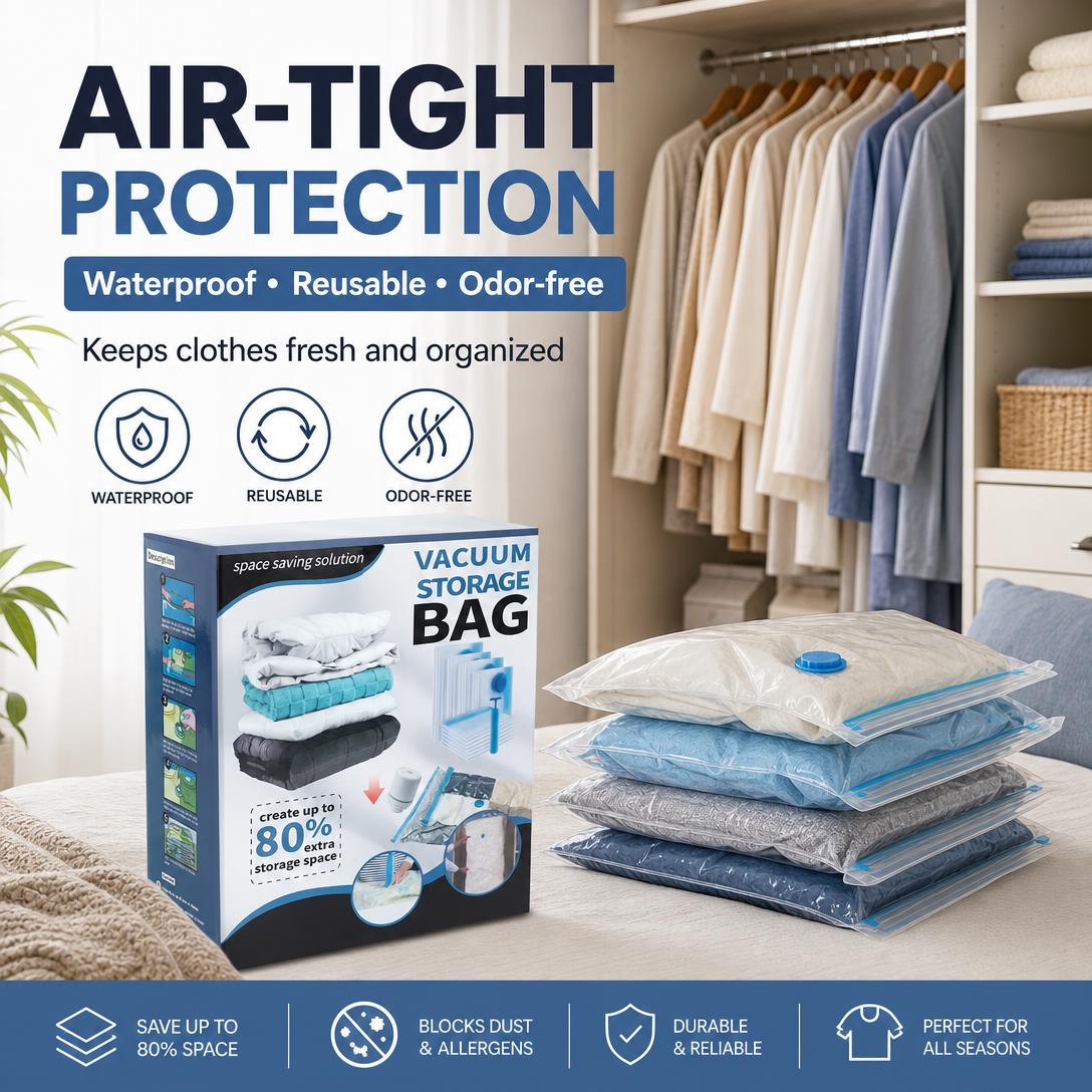 Cordless Travel Vacuum Storage Bags Set ✈️🧳Waterproof & Reusable Space Saver for Clothes & Packing, Perfect for Carry-On Suitcases