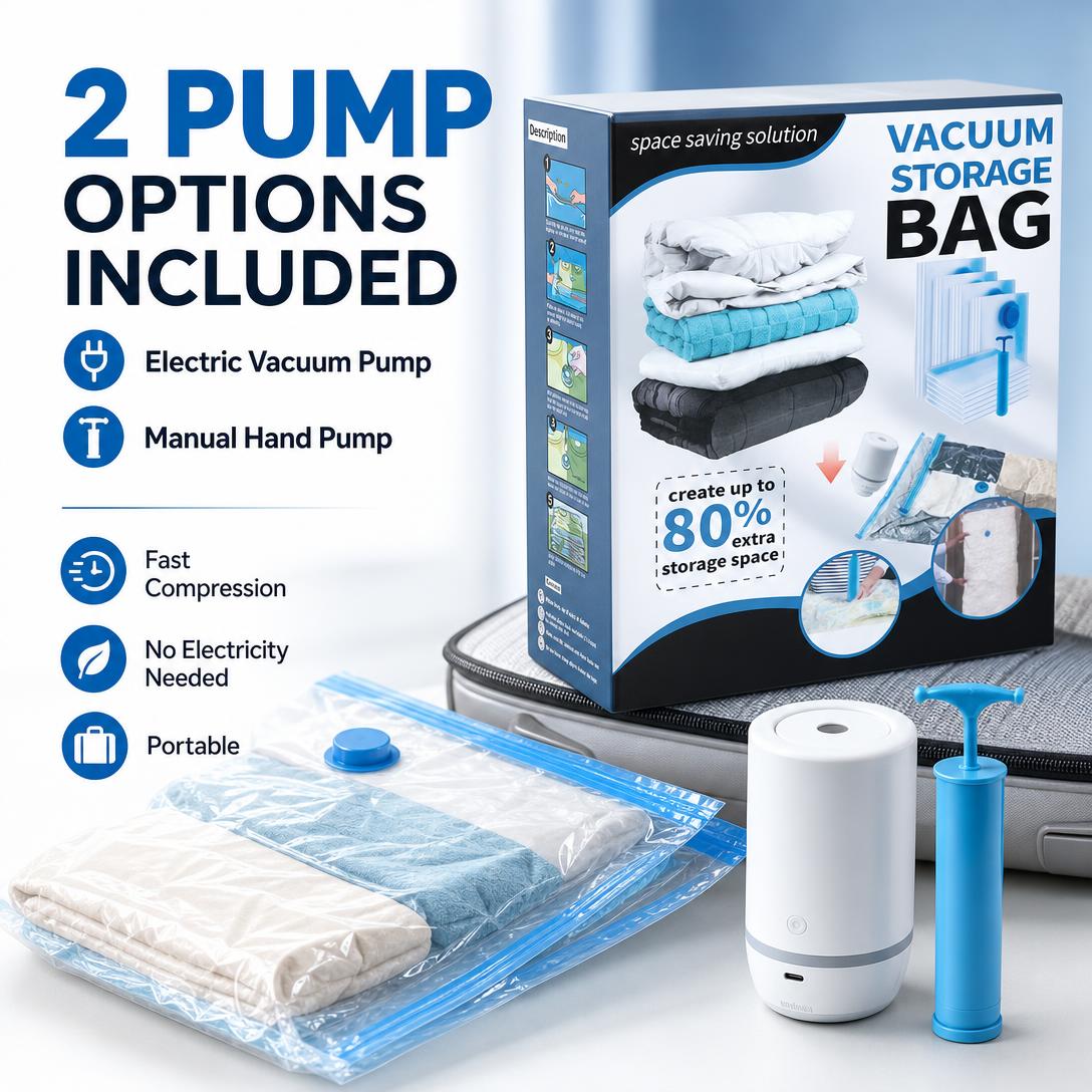 Cordless Travel Vacuum Storage Bags Set ✈️🧳Waterproof & Reusable Space Saver for Clothes & Packing, Perfect for Carry-On Suitcases