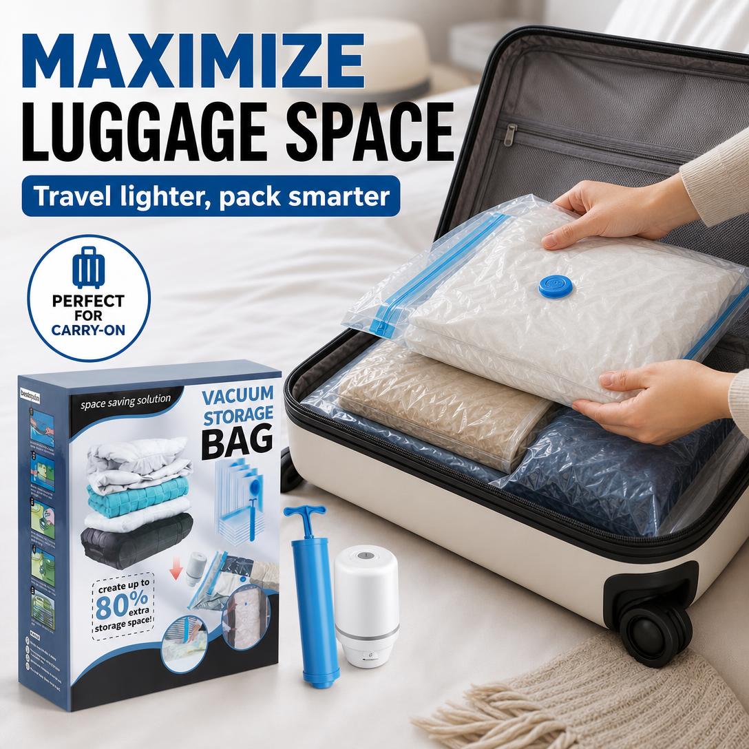 Cordless Travel Vacuum Storage Bags Set ✈️🧳Waterproof & Reusable Space Saver for Clothes & Packing, Perfect for Carry-On Suitcases