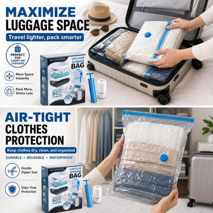 Cordless Travel Vacuum Storage Bags Set ✈️🧳Waterproof & Reusable Space Saver for Clothes & Packing, Perfect for Carry-On Suitcases
