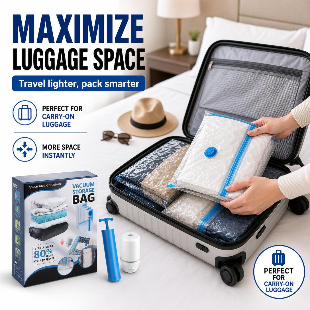 Cordless Travel Vacuum Storage Bags Set ✈️🧳Waterproof & Reusable Space Saver for Clothes & Packing, Perfect for Carry-On Suitcases