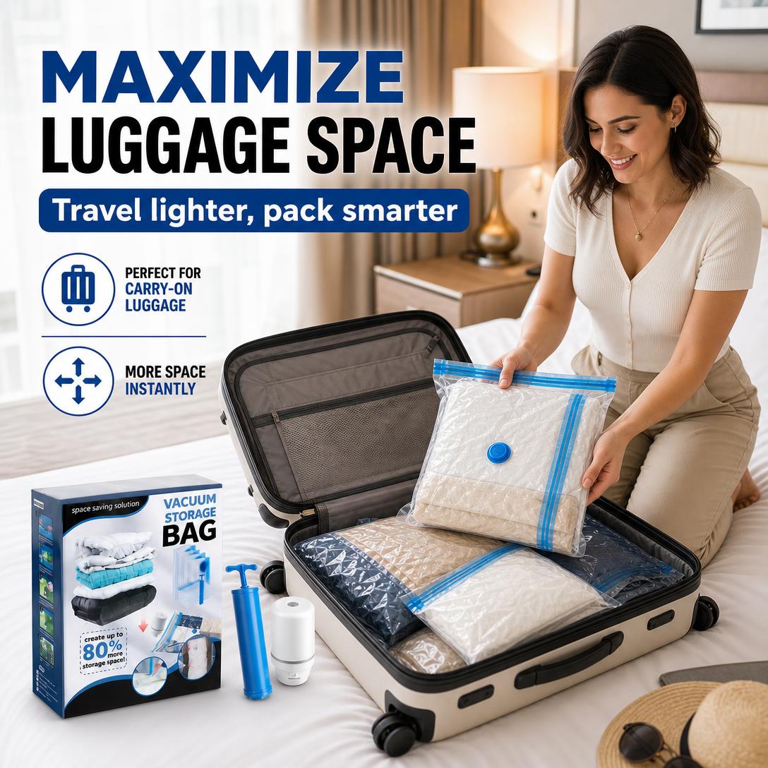 Cordless Travel Vacuum Storage Bags Set ✈️🧳Waterproof & Reusable Space Saver for Clothes & Packing, Perfect for Carry-On Suitcases