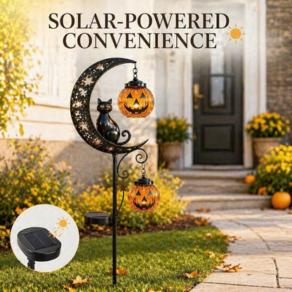Solar Halloween Garden Stake Light with Glowing Pumpkin & Black Cat Outdoor Yard Decoration