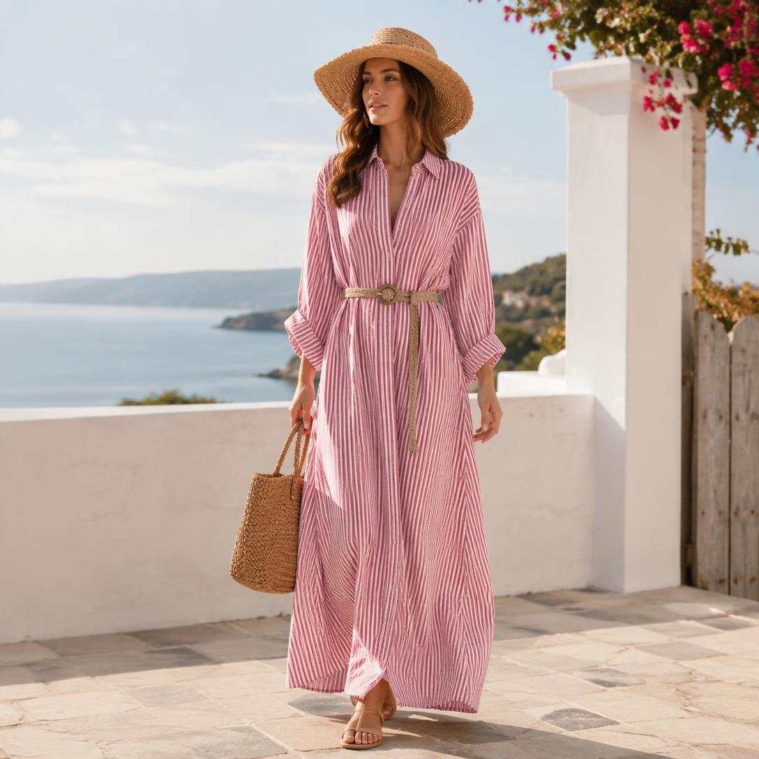Women's Breezy Striped Button-Front Cotton Maxi Shirt Dress