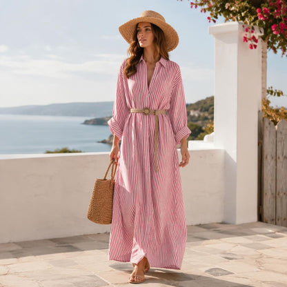 Women's Breezy Striped Button-Front Cotton Maxi Shirt Dress