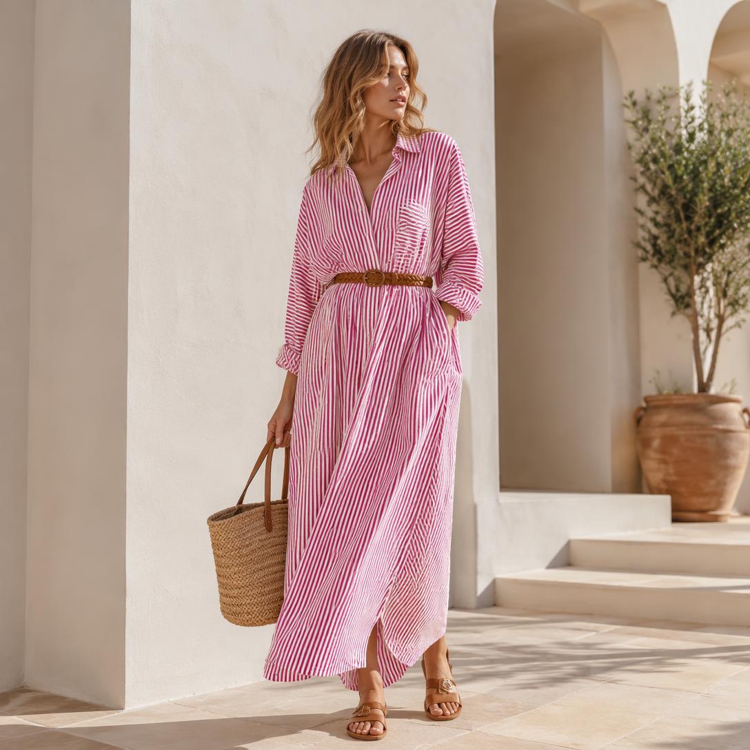 Women's Breezy Striped Button-Front Cotton Maxi Shirt Dress