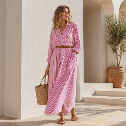 Women's Breezy Striped Button-Front Cotton Maxi Shirt Dress