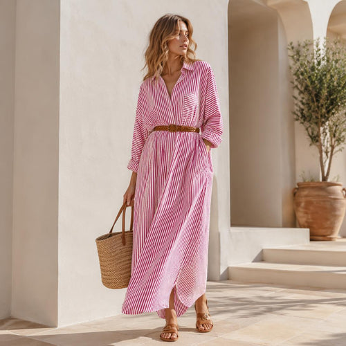 Women's Breezy Striped Button-Front Cotton Maxi Shirt Dress