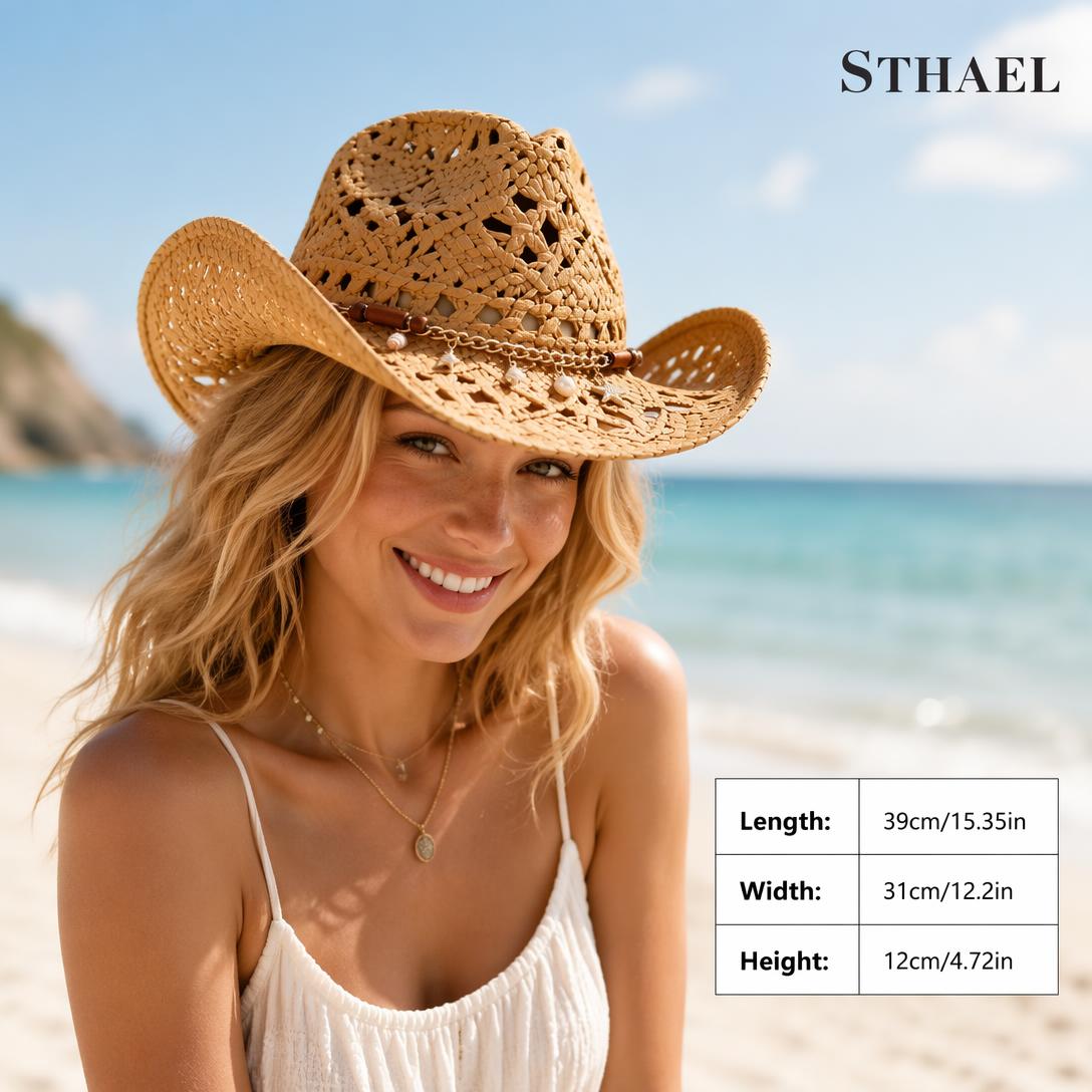 1pc Unisex Adjustable Cowboy Hat with Conch Decor – Hollow Straw Sun Hat