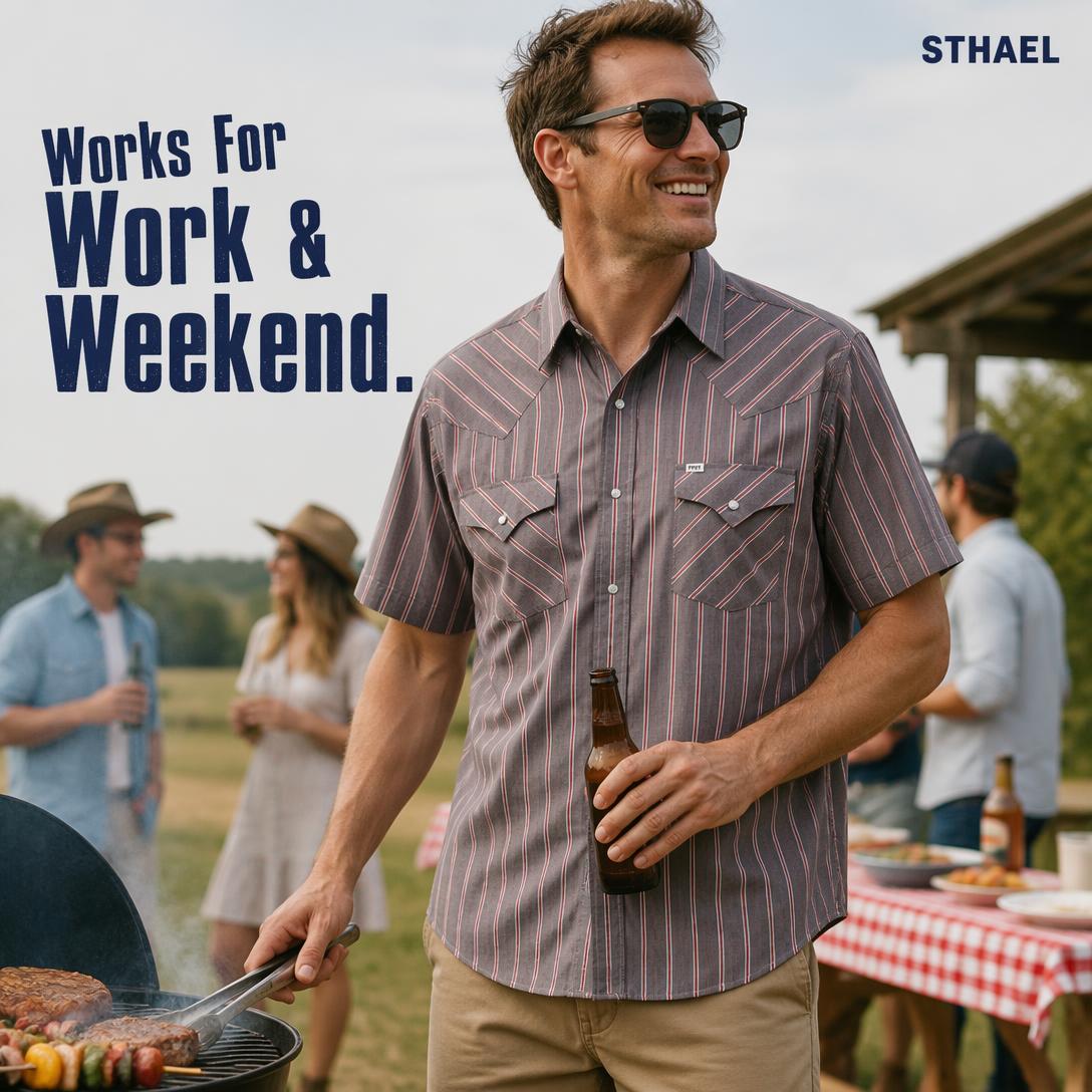 Men’s Striped Western Snap Shirt – Short Sleeve Workwear