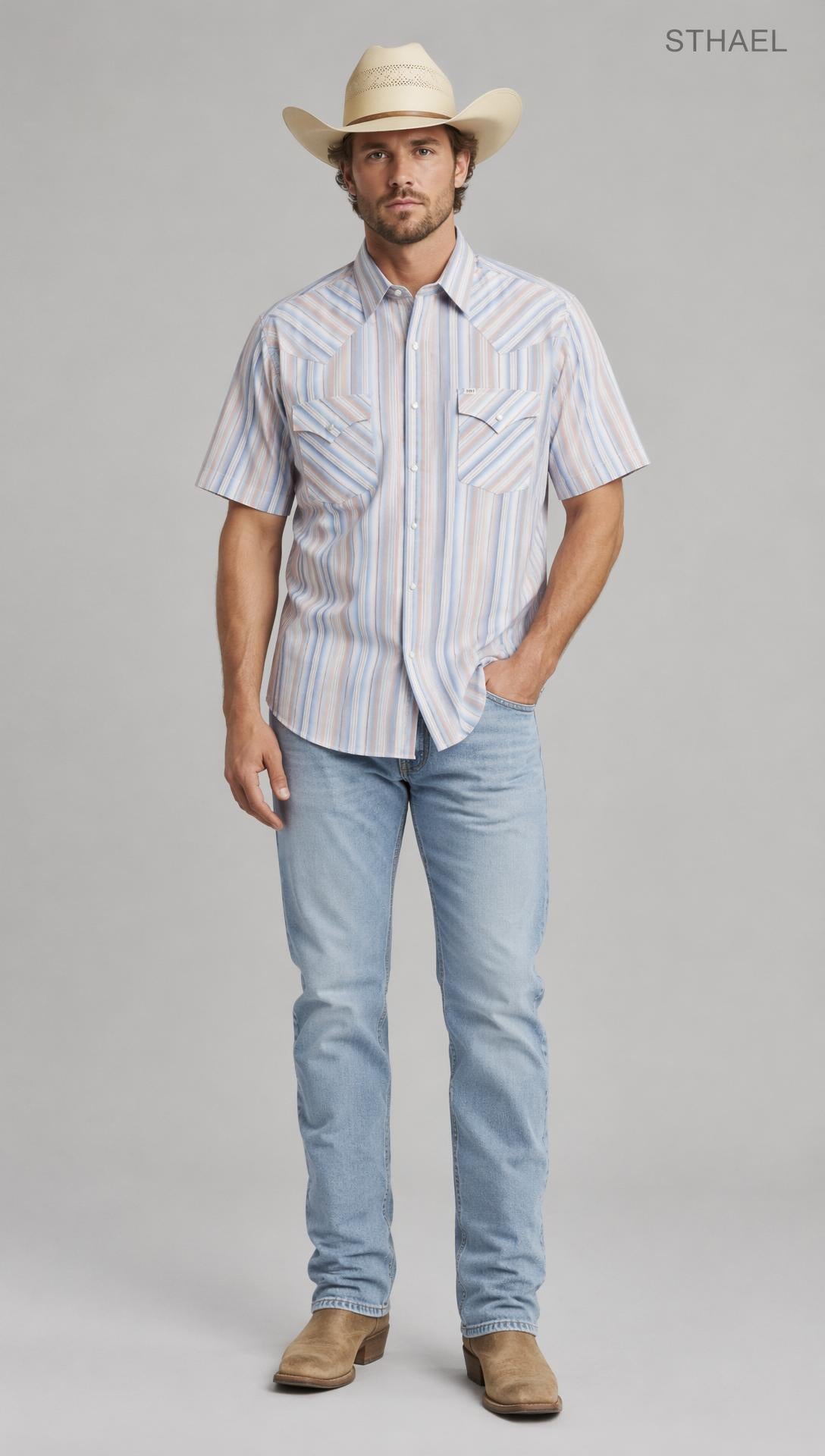 Men’s Striped Western Snap Shirt – Short Sleeve Workwear