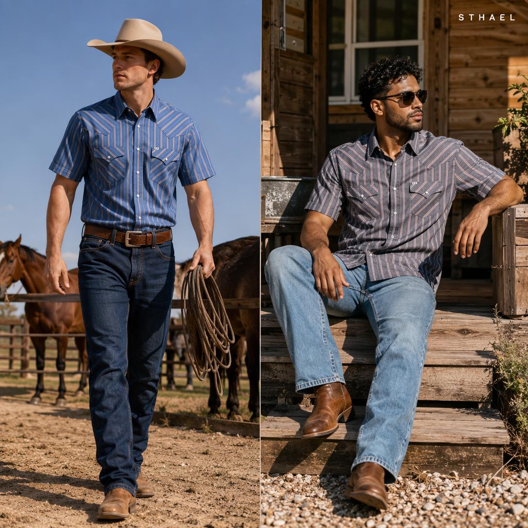 Men’s Striped Western Snap Shirt – Short Sleeve Workwear