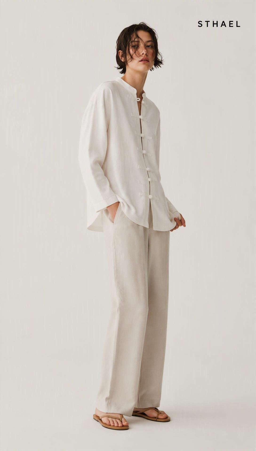 Women’s Linen-Blend Oversized Shirt with Frog Fastening